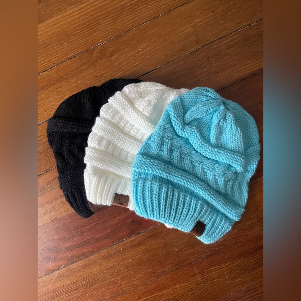 Women’s Knit Beanie Hats (Set of 3) | Aqua + Black + Classic Cream